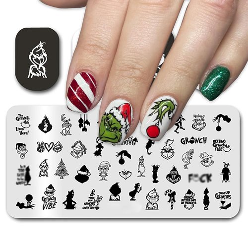Christmas Nail Stamping Plate Cute Monster Nail Art Stamp Plates Winter Holiday Nail Stamping Plate Xmas Tree Candy Nail Art Stamping Template for Women Girls DIY Salon 1 Pcs