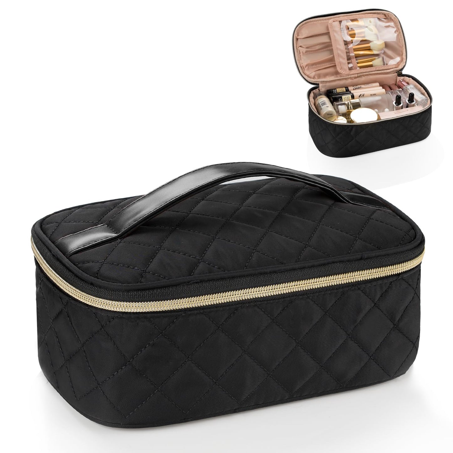 OCHEAL Travel Makeup Bag,large Capacity Travel Cosmetic Bag,Medium Makeup Bag Organizer Diamond Texture Makeup case with Handle and Brush Storage Area -Black