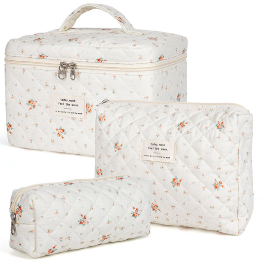 Makeup Bag,Quilted Cosmetic Bags,Large Floral Make Up Organize bag,Makeup Bag Set for Women,Flower Travel Toiletry Bag