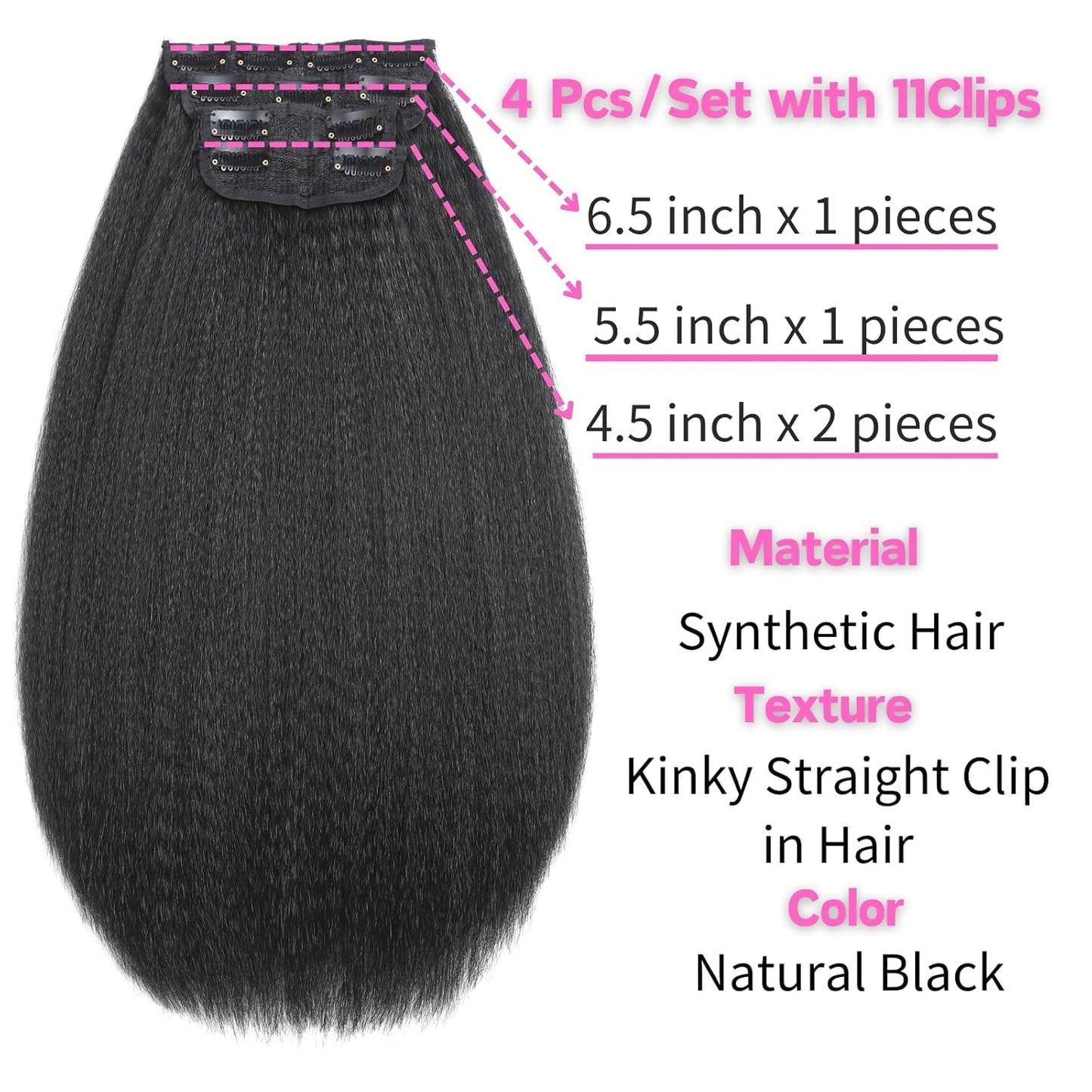 22inch Kinky Straight Clip ins Hair Extensions for Black Women 340g 8 Pcs 22Clips Full Head Yaki Straight Clip ins Synthetic Hair Natural Black for Black Women(2 Pack)