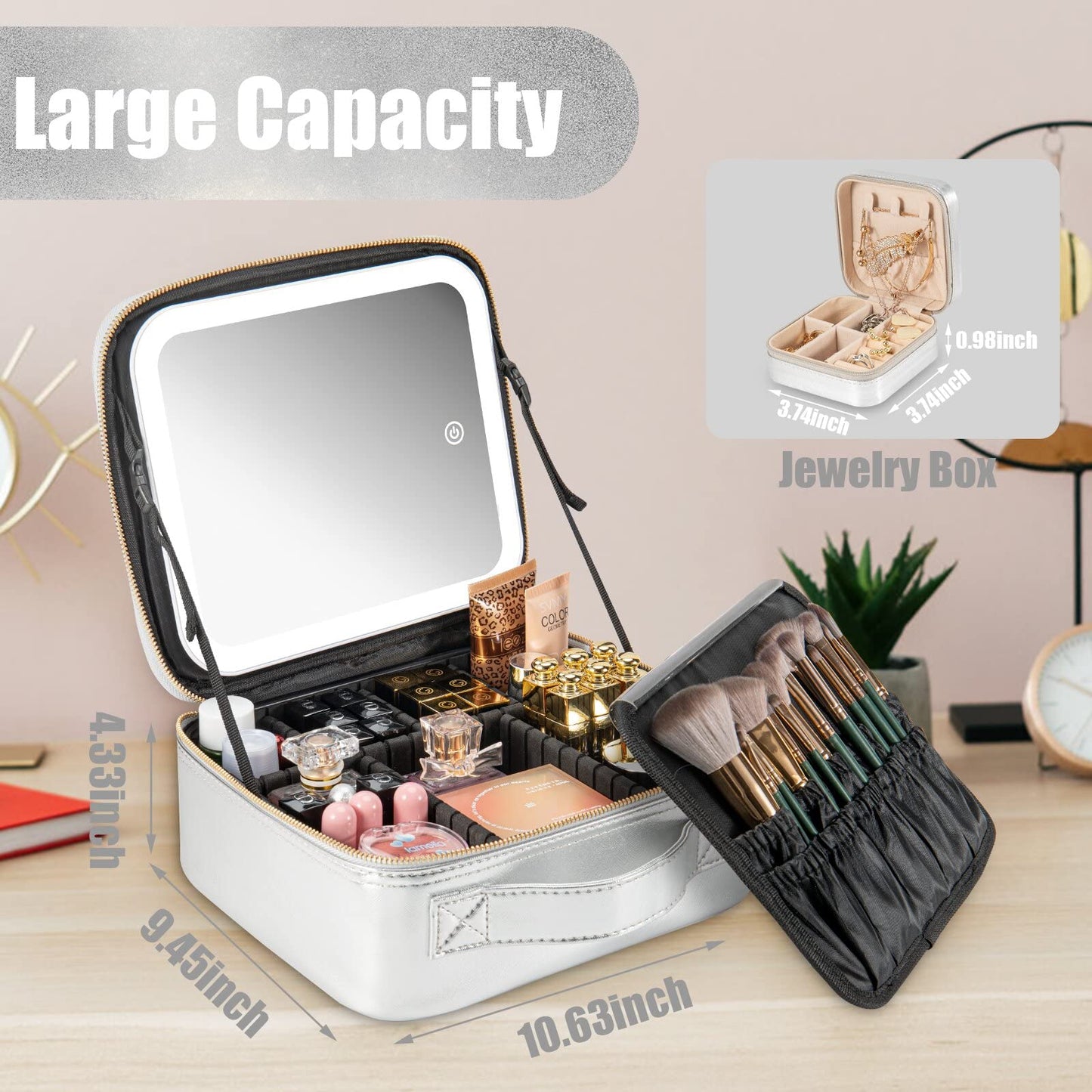 Extrei Gent Makeup Travel Train Case with Mirror LED Light 3 Adjustable Brightness Cosmetic Bag Portable Storage Adjustable Partition Waterproof Makeup Brushes Makeup Jewelry Gift for Women