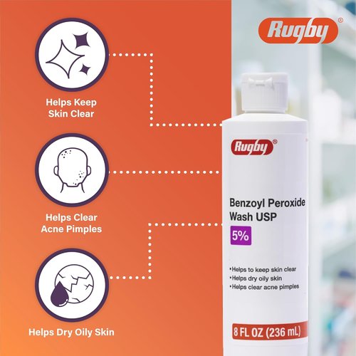 Rugby Benzoyl Peroxide Wash USP 5% - Acne Treatment for Clear Skin - 8 Fl. Oz.