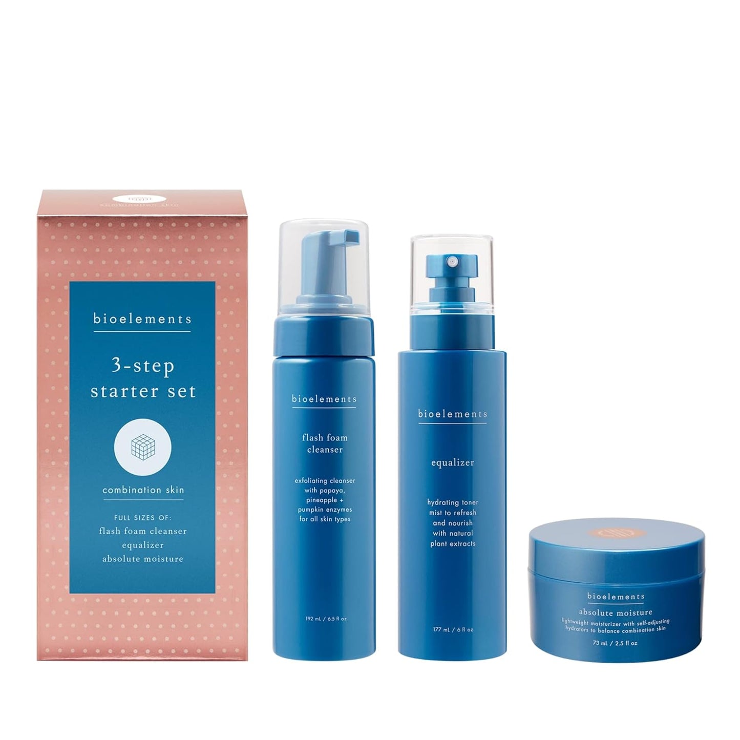 Bioelements 3-Step Starter Set for Combination Skin | Flash Foam Cleanser, Equalizer Toner & Absolute Moisture - Vegan & Cruelty-Free