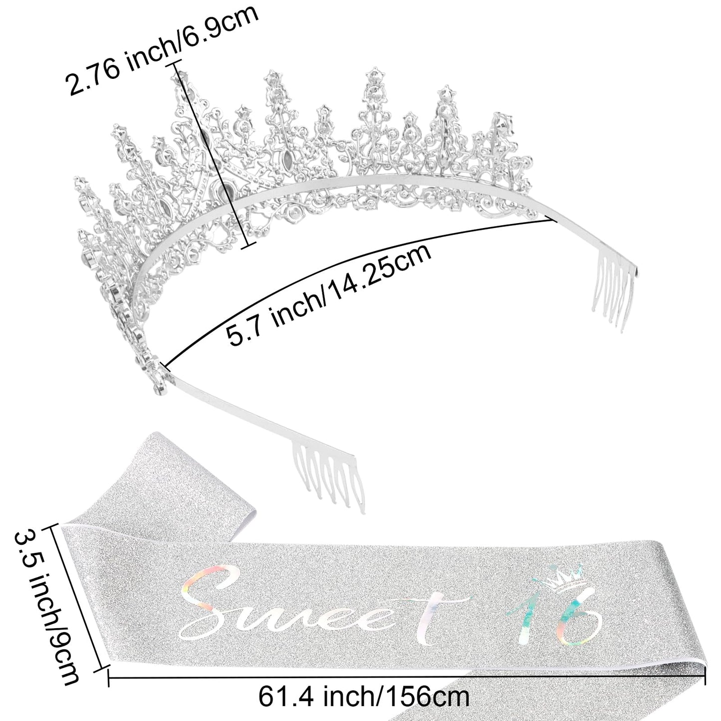 Sweet 16 Birthday Sashes and Tiaras for Girls 16th Crowns and Sash for Women 16th Birthday Party Decorations Birthday Gifts Party Supplies AB Silver