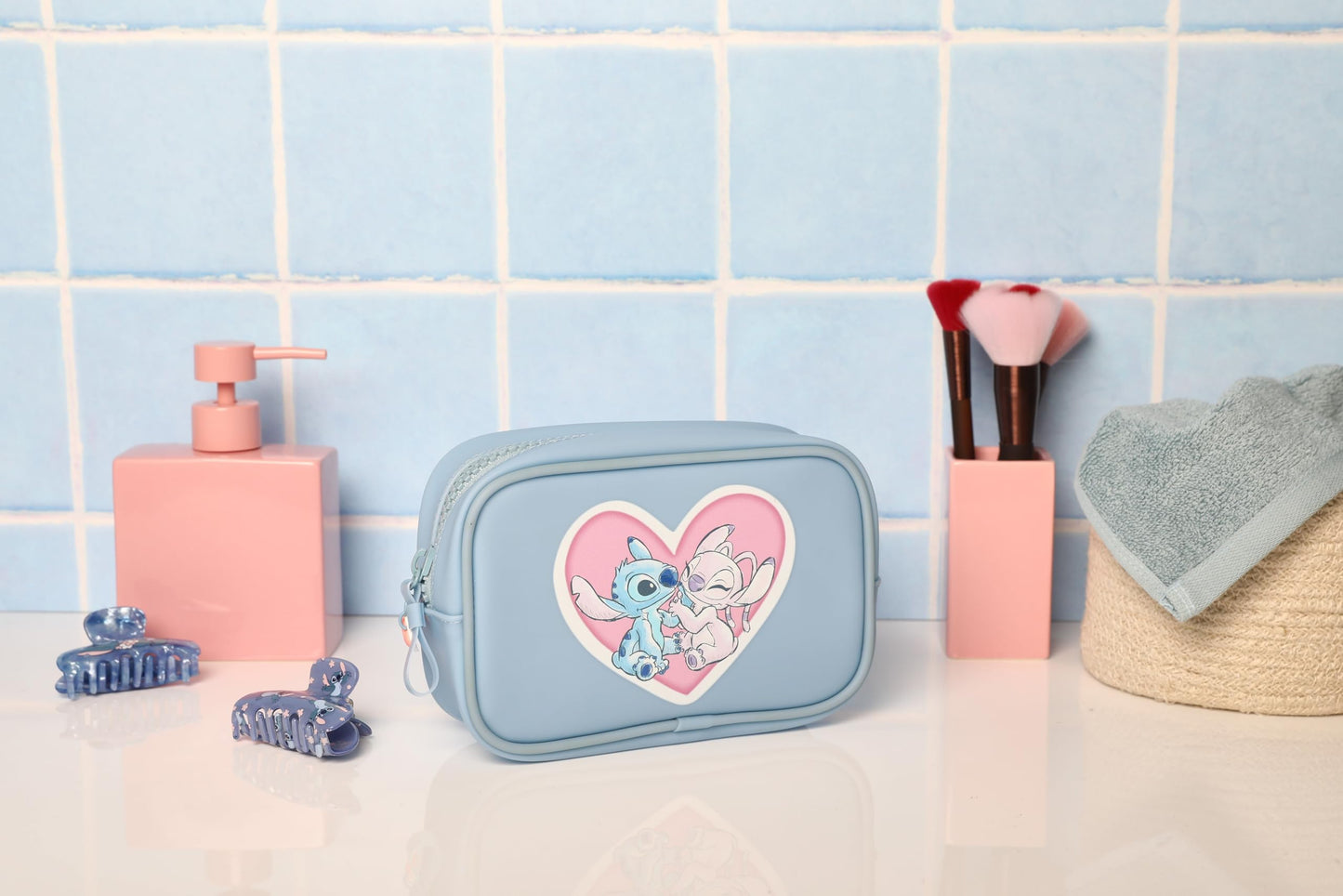 SALLY ROSE Angel and Stitch Cosmetic Bag Official License, Small Makeup Bag, Disney Accessories, Blue Make Up Bag for Traveling