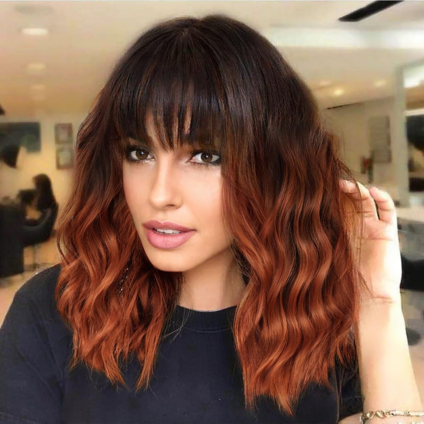 Nnzes Ombre Auburn Wig with Bangs for Women Shoulder Length Brown Bob Wavy Charming Synthetic Wigs with Natural Curly Heat Resistant Hair for Daily Party Use