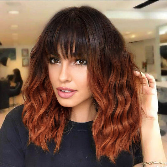 Nnzes Ombre Auburn Wig with Bangs for Women Shoulder Length Brown Bob Wavy Charming Synthetic Wigs with Natural Curly Heat Resistant Hair for Daily Party Use