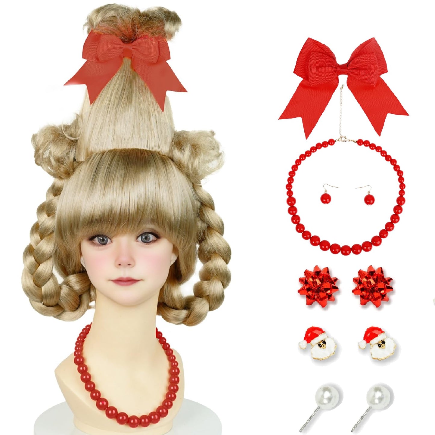 Kids Blonde Braided Wig with Red-bow Earrings, Christmas Cindy Wig with Accessories for Halloween Christmas Costume Party