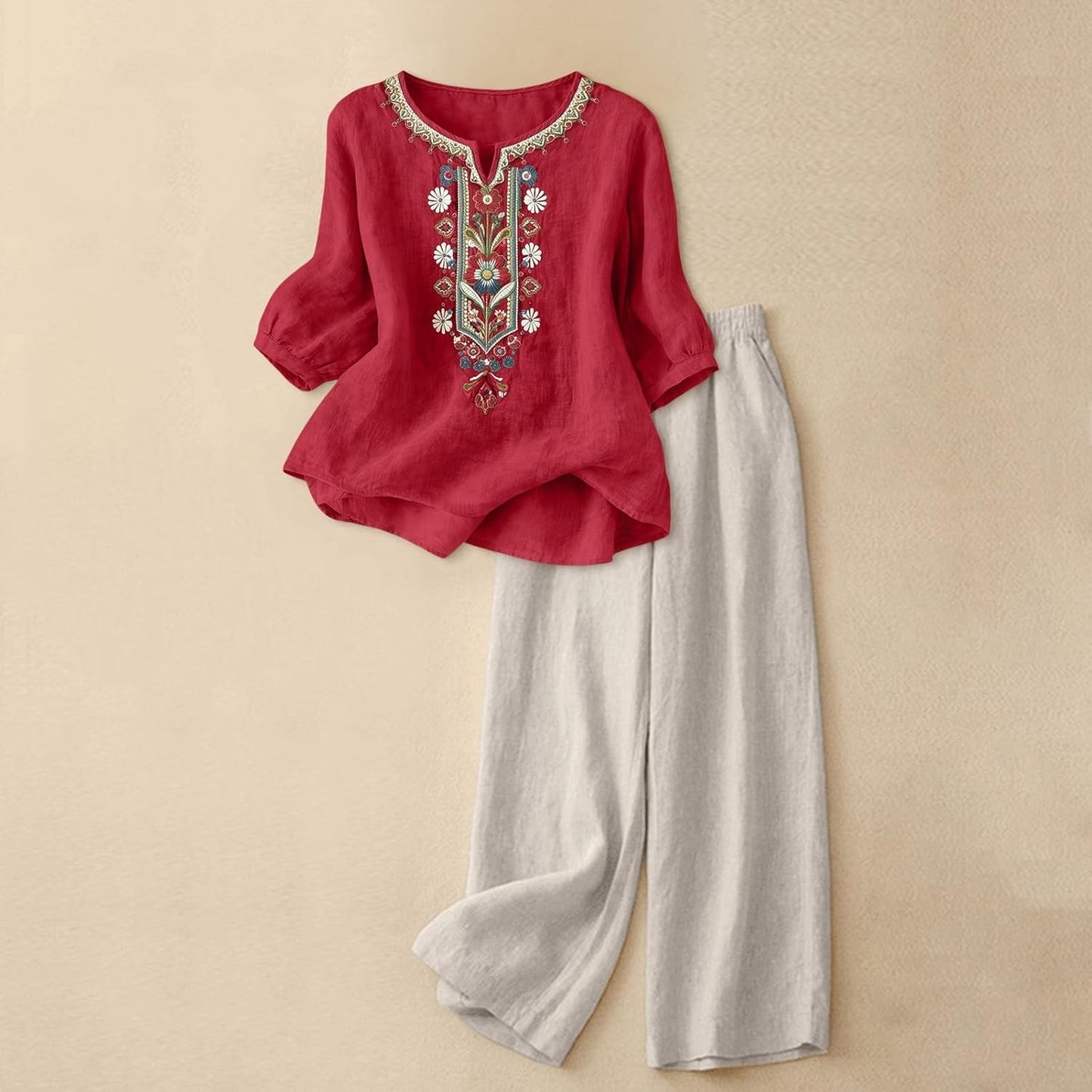 Skiennix Linen Set for Women - 2 Piece Embroidered Top & Wide Leg Capri Pants | Summer Beach Outfit
