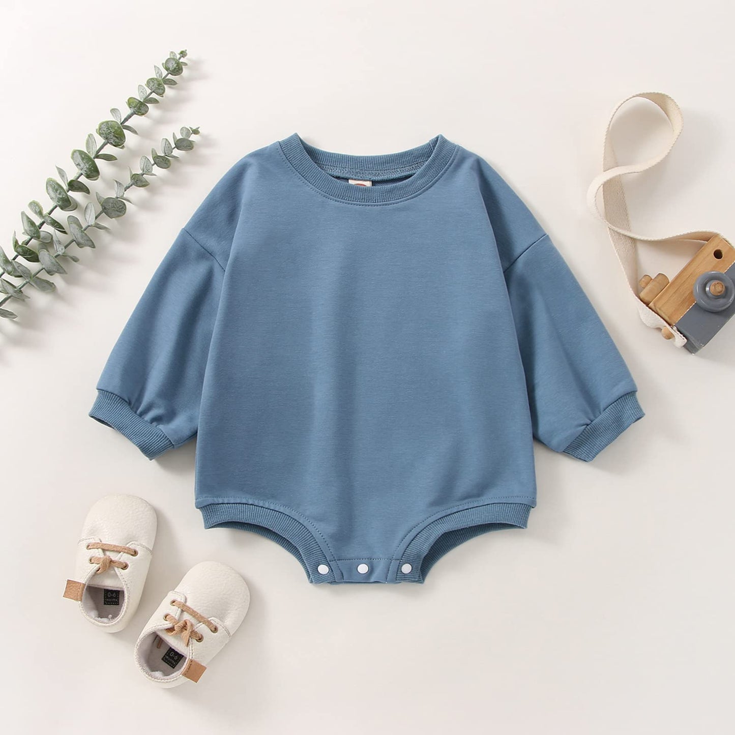 DOSYZTO Baby Girl Boy Sweatshirt Romper Outfit Solid Color Long Sleeve Round Neck Jumpsuit Infant Bodysuit Top (Solid Blue Romper,12-18 Months)