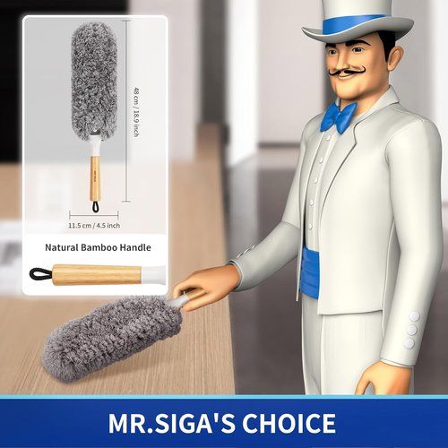 MR.SIGA Lint-Free Microfiber Duster - Washable & Reusable with Bamboo Handle | Ideal for Household Cleaning