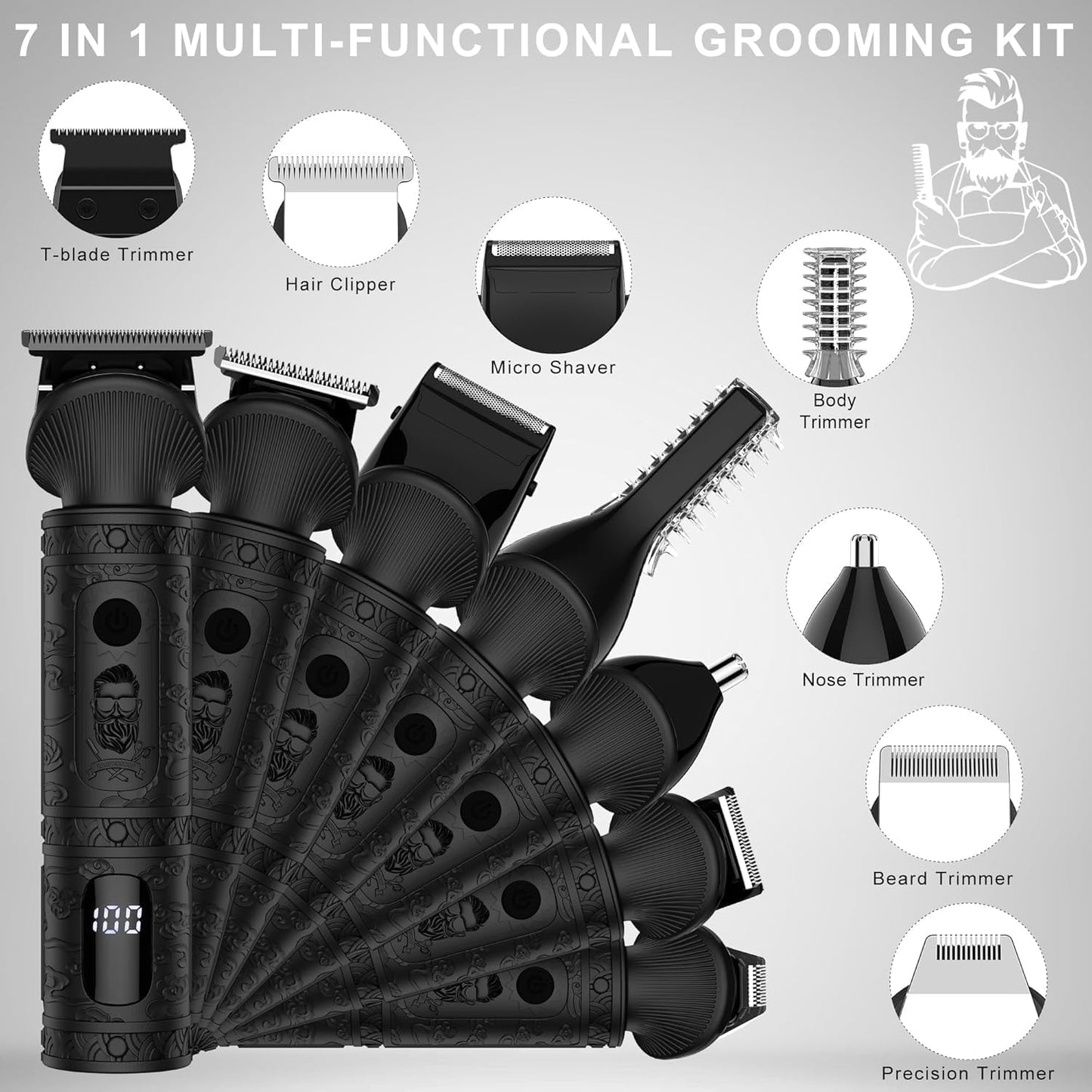 Scttomon Beard Trimmer for Men - Professional 7-in-1 Grooming Kit | Cordless T-Blade Electric Shaver in Black