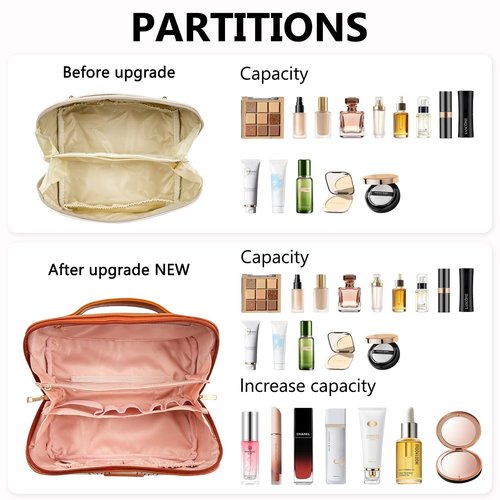 Cozomga PU Leather Travel Makeup Bag for Women, Large Capacity Cosmetic Organizer, Structured Waterproof Travel Toiletry Bag, Portable Handheld Makeup Pouch for Home & Travel (Medium)