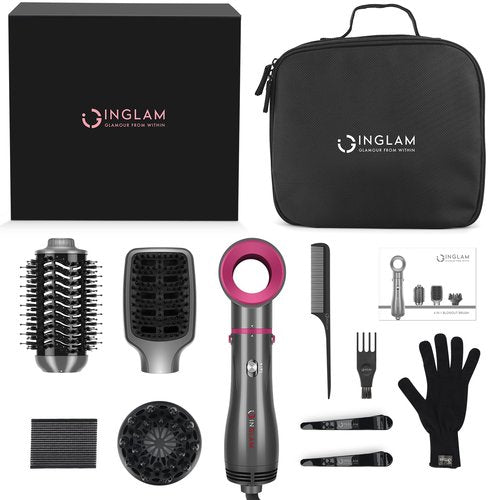 IG INGLAM 4 in 1 Hot Air Brush, Negative Ion Detachable Hair Styler & Volumizer with 2 Brush Heads, Updated Push Switch, Gray