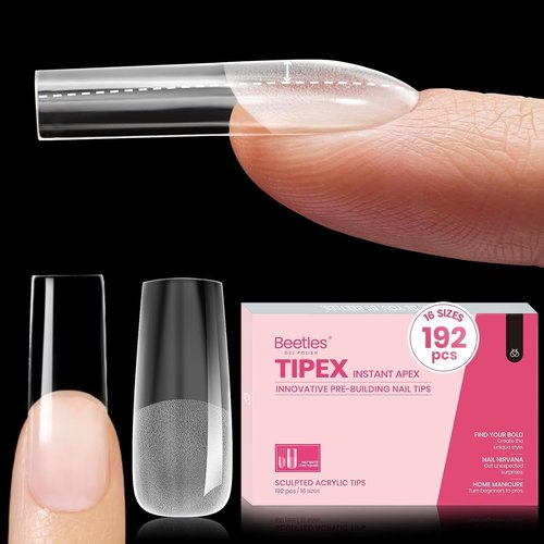 Beetles Tipex Instant Apex Nail Tips, Long Square, 16 Sizes |00–14, 192pcs, Built-In Apex, No Builder Gel Required, Thicker Strong Acrylic Tips for DIY Nail Extensions