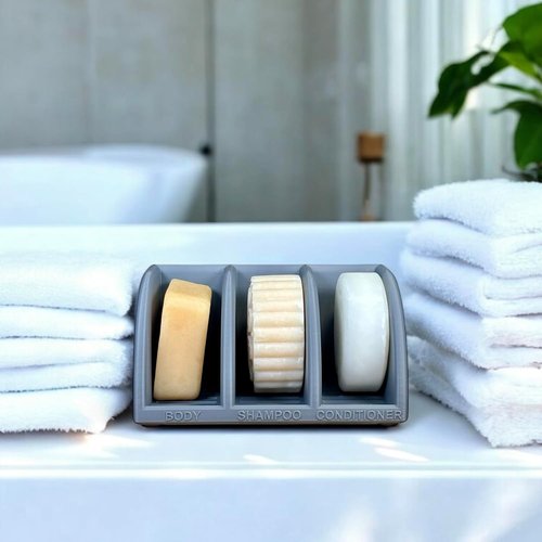 Essence & Abode Shampoo Bar Holder - 3-Slot Soap & Conditioner Organizer with Drainage | Modern Dark Gray Bathroom Storage