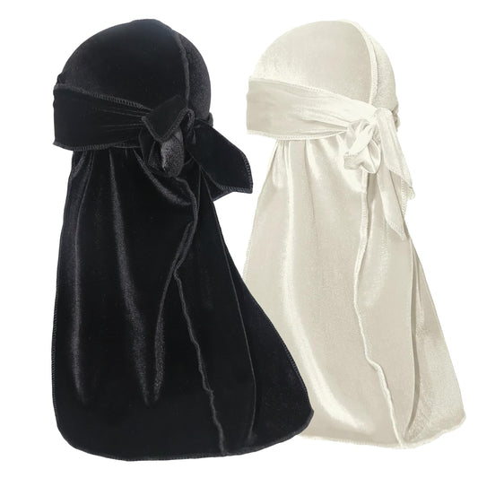 Velvet Durag for Men Velvet Dorag for Waves 2 Pieces Due Rag for Men Women (Black White)