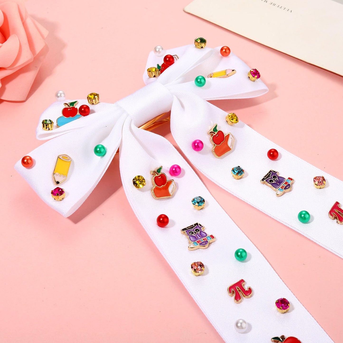 Teacher Accessories Outfits Teacher Hair Bow Clips for Women Large Back To School Pencil Hair Bows Crystal Embellished Ribbon Bow Clips Back To School Outfits Teacher Appreciation Gifts (Pattern D)