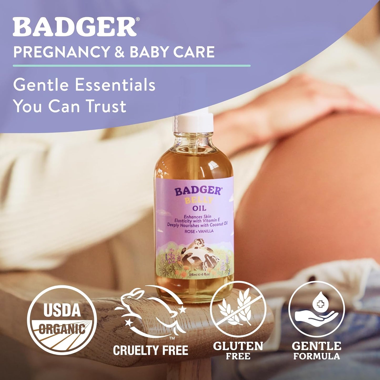 Badger Organic Pregnant Belly Oil - Nourishing Jojoba & Coconut Blend - 4 oz.