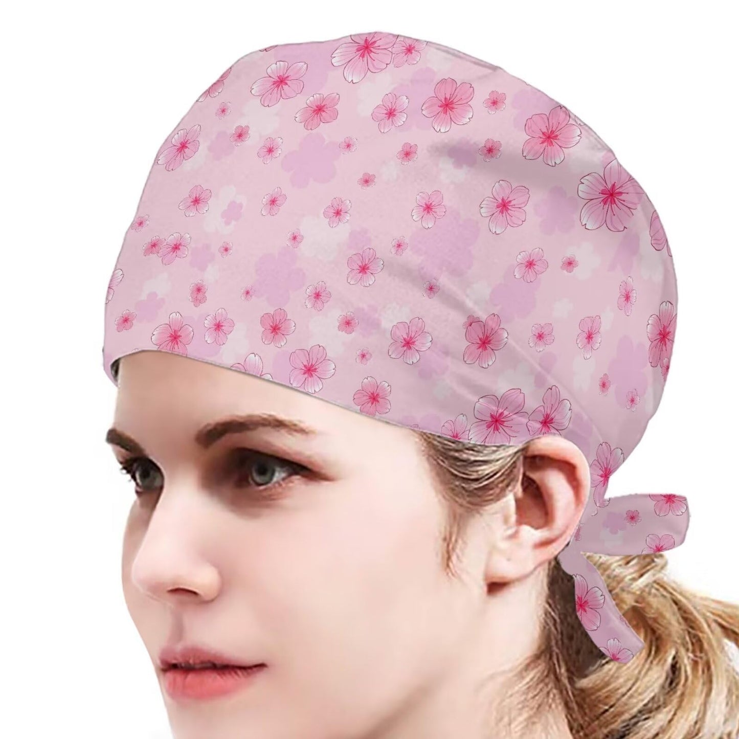 JoyLamoria Cherry Blossoms Cap with Button Sweatband Printed Headband Adjustable Tie Back Unisex Caps for Women Men