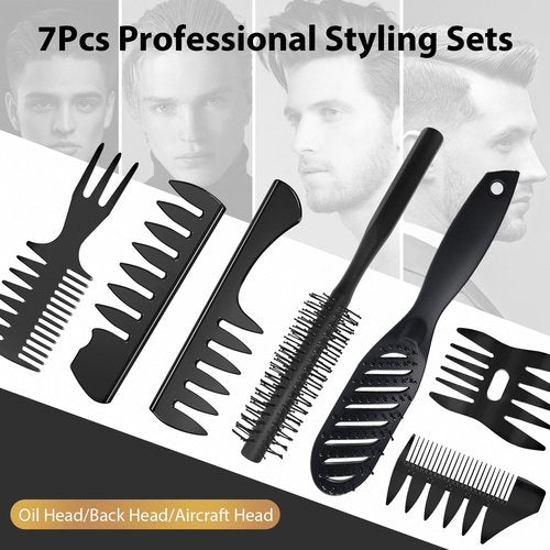 Hair Brush for Men, DUAIU 7Pcs Combs for Men, Hair Styling Comb Set with Vent Hair Brushes, Quiff Round Hair Brush, Wide Tooth Combs, Texture Comb for Blow Drying, Detangling, Grooming, Hairdressing
