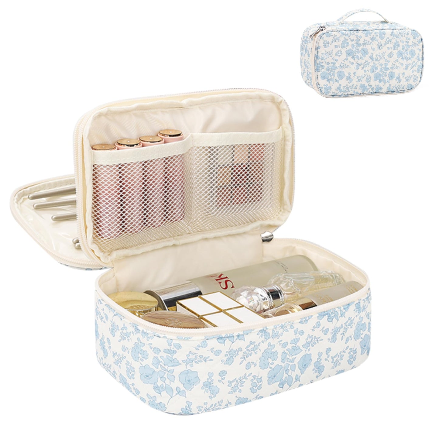 Relavel Travel Makeup Bag, Small Floral Cosmetic Bag with Makeup Brush Compartment, Portable Makeup Pouch for Women, Double Layer Makeup Organizer Bag Cute Toiletry Bag
