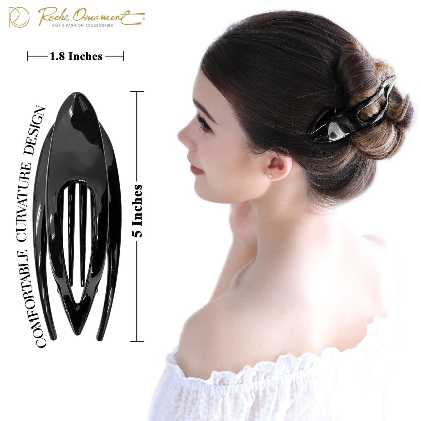 RC ROCHE ORNAMENT 1 Pcs Womens French Concord Curved Hair Clip No Slip Strong Grip Comfortable Hold Girls Ladies Beauty Accessory Pin Teeth Clamp, Black