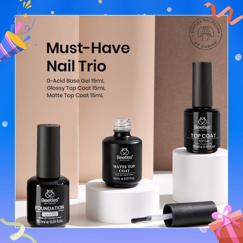 Beetles Matte Gel Top Coat No Wipe Top Coat Gel Nail Polish & Base Coat Set, 3Pcs 15ml Nail Polish Long Lasting Basic Combination, Soak Off LED Nail Lamp Art DIY Design Gifts for Women Her