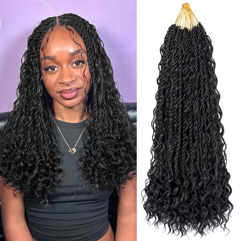Senegalese Twist Crochet Hair with Curly Ends 18 Inch Natural Black Boho Island Twist Crochet Braids Boho Goddess Twist Crochet Hair for Black Women(9Packs, 1B)