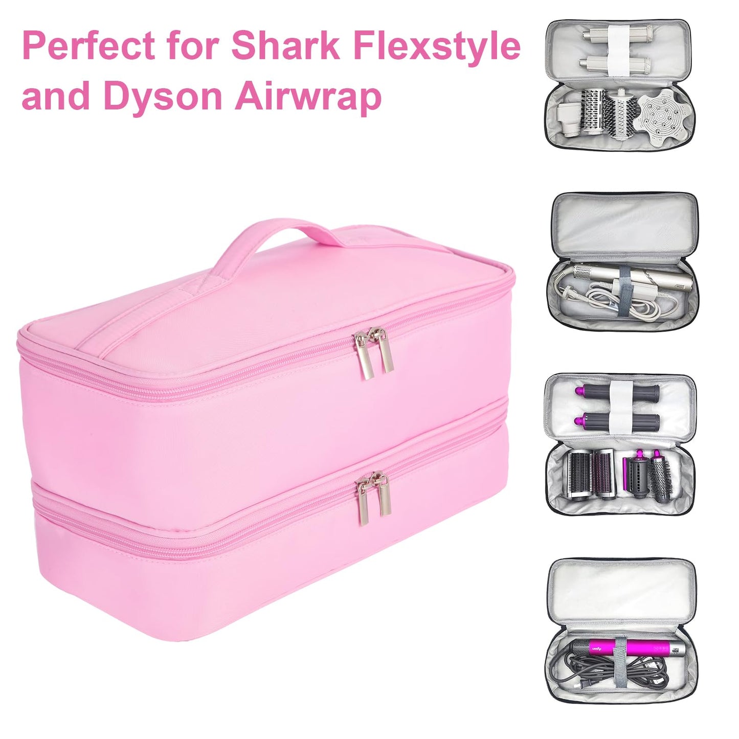 GENCAM Double-Layer Carrying Case for Shark Flexstyle, Travel Case for Shark 430/440 Flex Style, Portable Storage Bag for Shark Flexstyle/Dyson Airwrap Styler and Attachments (pink)
