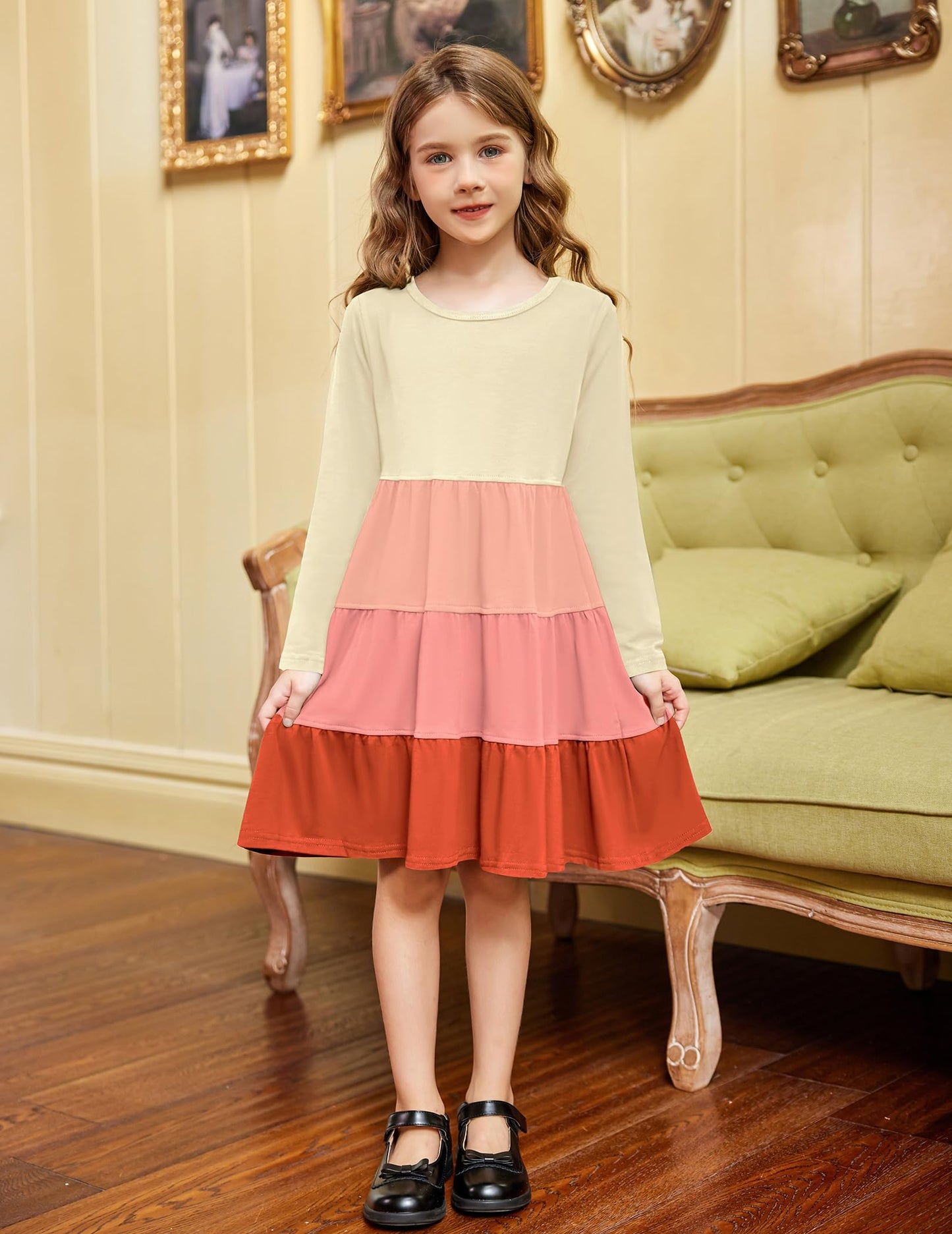 Arshiner Girls Long Sleeve Dress Fall Cotton Crewneck Tiered Ruffle Swing Solid Casual Midi Dresses Begie-Pink-Coral 6 Years