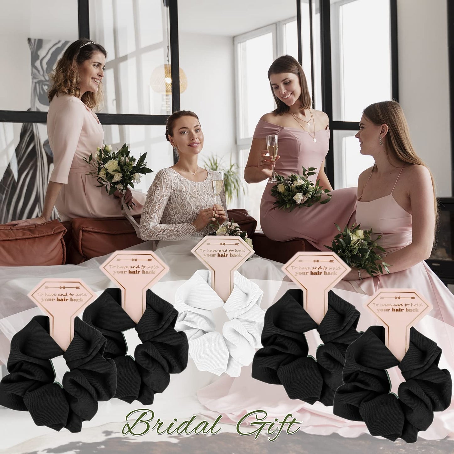 Loanzeg Twill Bridesmaid Scrunchies Bachelorette Hair Ties Set of 12 Bridal Shower No Damage Hairties ideas Gift for Wedding Party Favors Bridesmaid Proposal Gifts (Black)