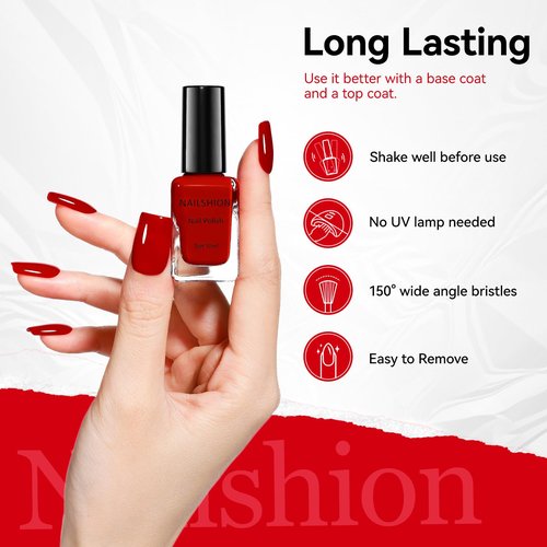 Nailshion Red Nail Polish French Nail Art Regular Nail Polish 9-Toxic Free Vegan Enrich with Castor Oil Fast Air Dry 375 Classic Toe Fingernail Polish Manicure Salon DIY Design at Home