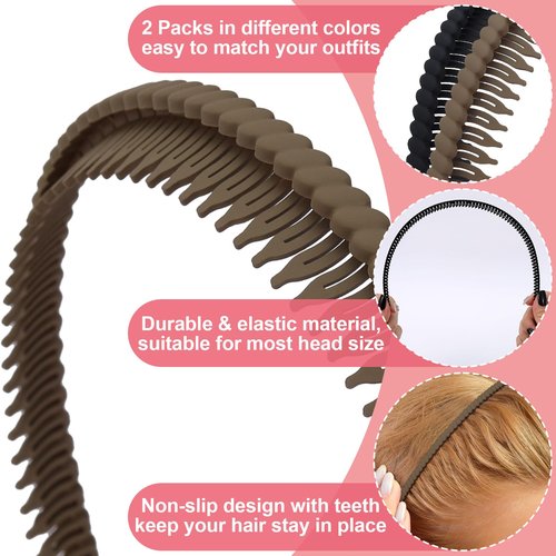 Alpinleux 2 Pcs Headband with Teeth, Comfortable Headbands for Women with Teeth, Fashion Comb Headband, Plastic Head Bands for Women's Hair Non Slip (4.3''×0.7'', Black, Khaki)