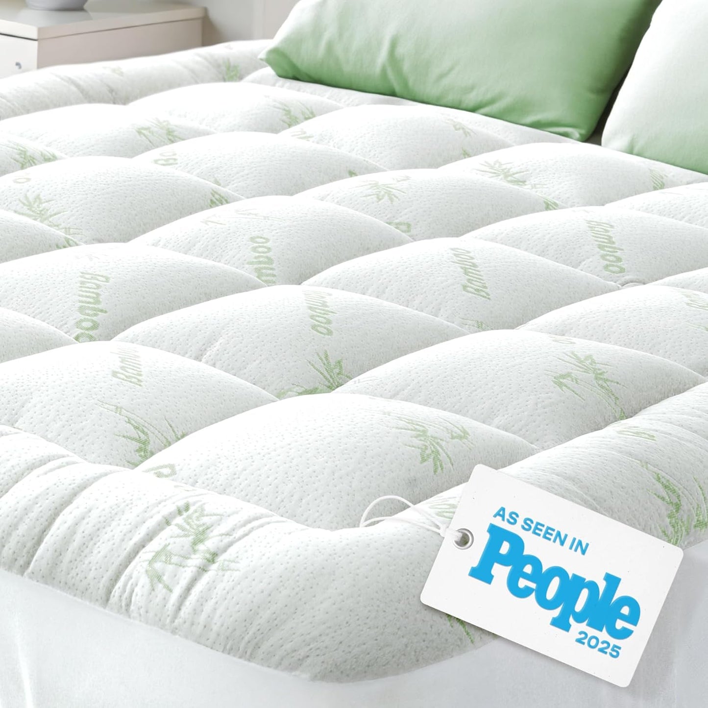Skiennix Ultra Soft Queen Size Mattress Topper - Bamboo Viscose Pillow Top for Full Body Support - Naturally Cooling, Green