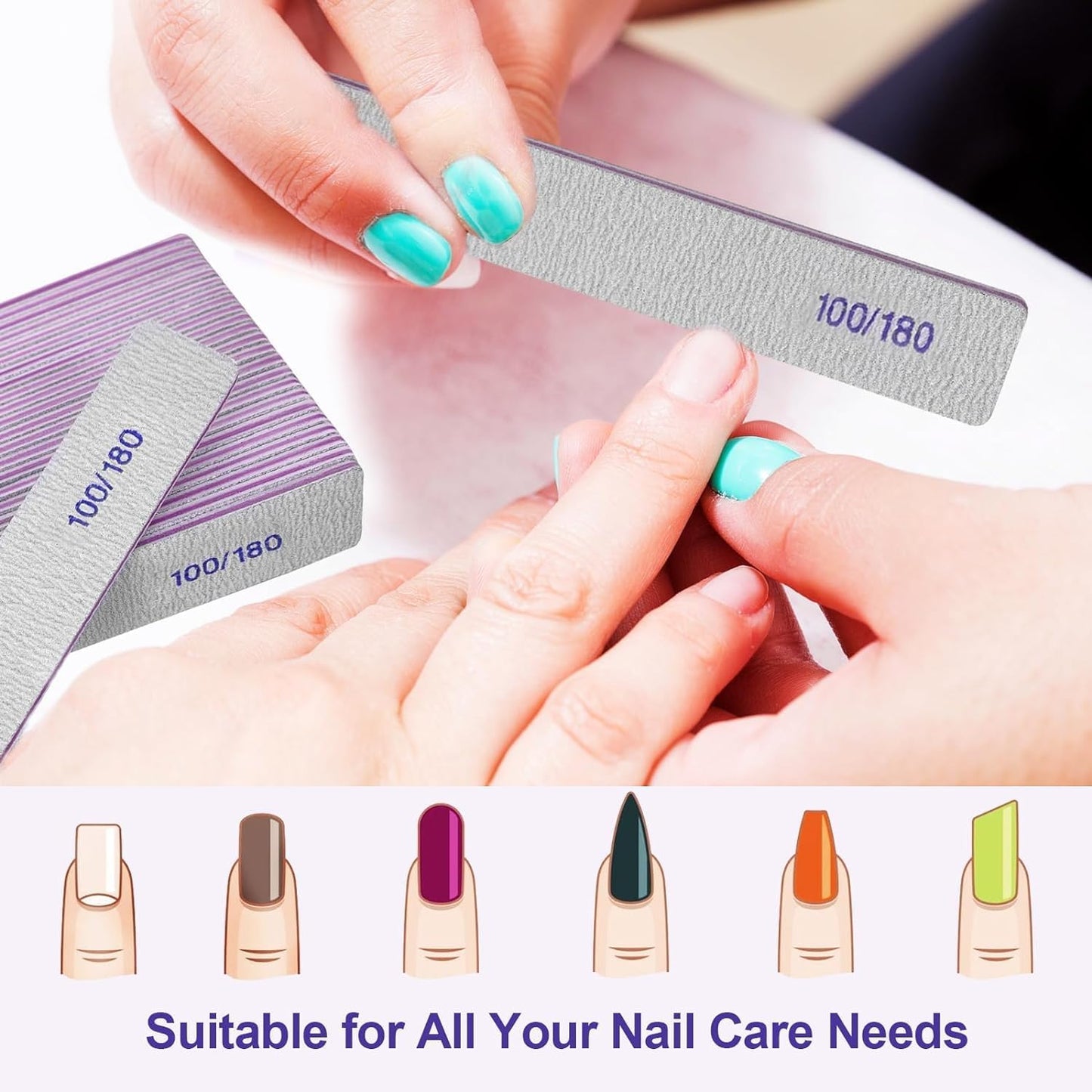 Skiennix Nail Files - 12 Pack 100/180 Grit Emery Boards for Natural & Acrylic Nails - Reusable Gray