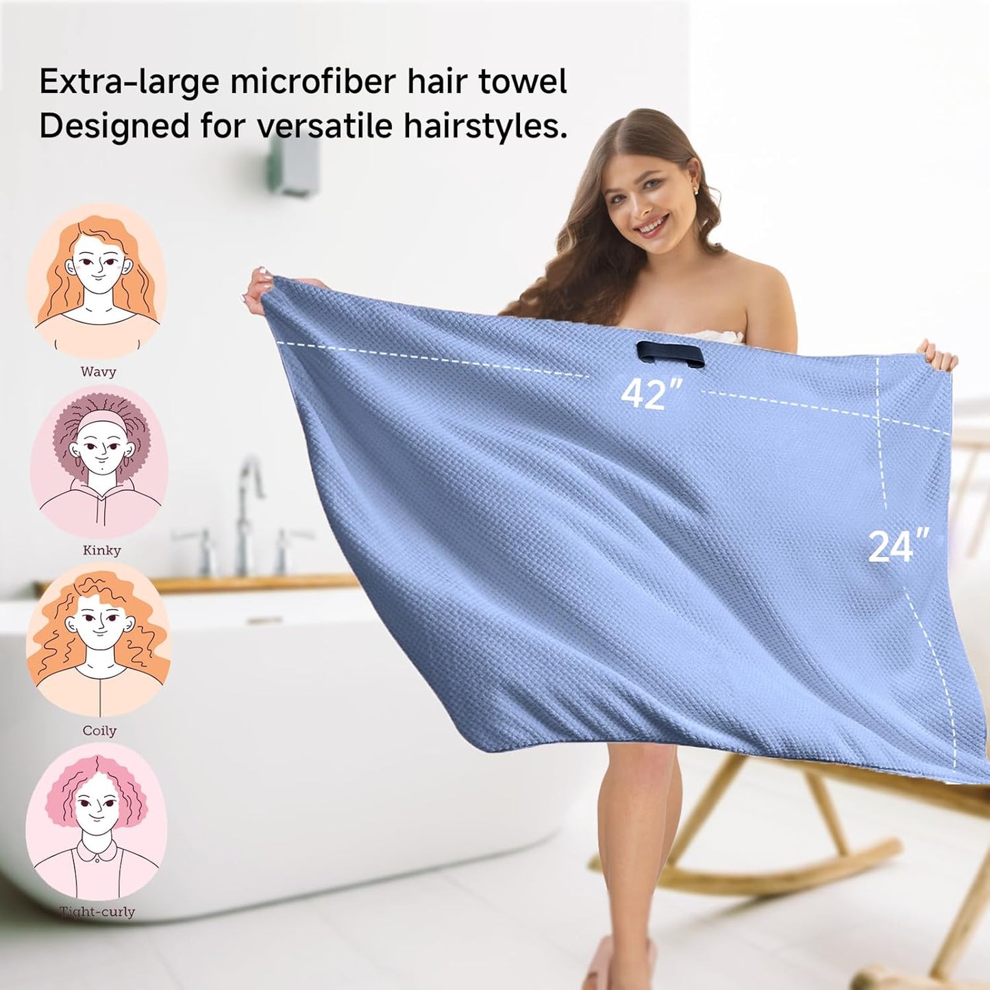 Skiennix Large Microfiber Hair Towel - Ultra Absorbent & Quick Dry for Curly Hair | 24x42 Inches (Blue)