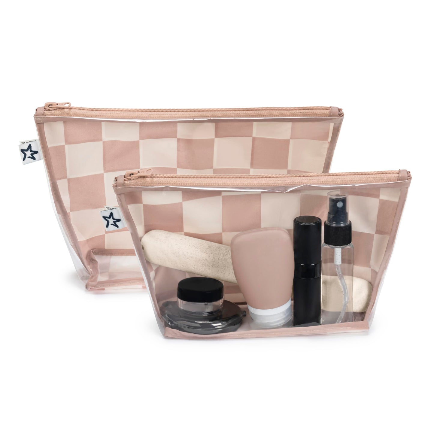 Tiny Twinkle Mess-proof Travel Bags, Airline Compliant, Zipper Closure, Clear Front Pouch, Diaper Bag Packing, Toiletry or Cosmetics Organizer 2 Pack Set (Beige Checkers)