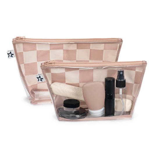 Tiny Twinkle Mess-proof Travel Bags, Airline Compliant, Zipper Closure, Clear Front Pouch, Diaper Bag Packing, Toiletry or Cosmetics Organizer 2 Pack Set (Beige Checkers)