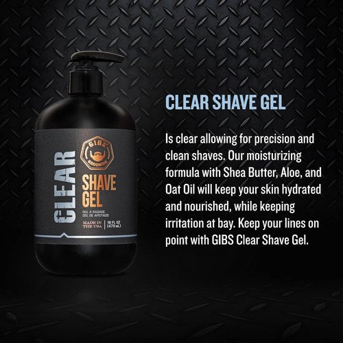 GIBS Grooming Clear Shave Gel - 16oz Moisturizing Formula with Shea Butter, Aloe & Oat Oil