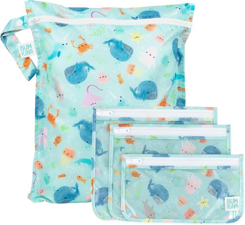 Bumkins Waterproof Wet Bag Set - Reusable Travel Bags for Baby, Swim, Gym & Toiletries - Ocean Life Blue - 4 Pack