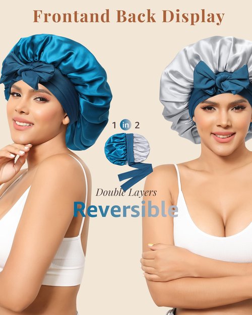 AWAYTR Silk Bonnet for Sleeping Women 100% Mulberry Silk Bonnet with Band 2 Layer Reversible Hair Bonnet Sleeping Hair Wrap (Peacock Blue/Gray)