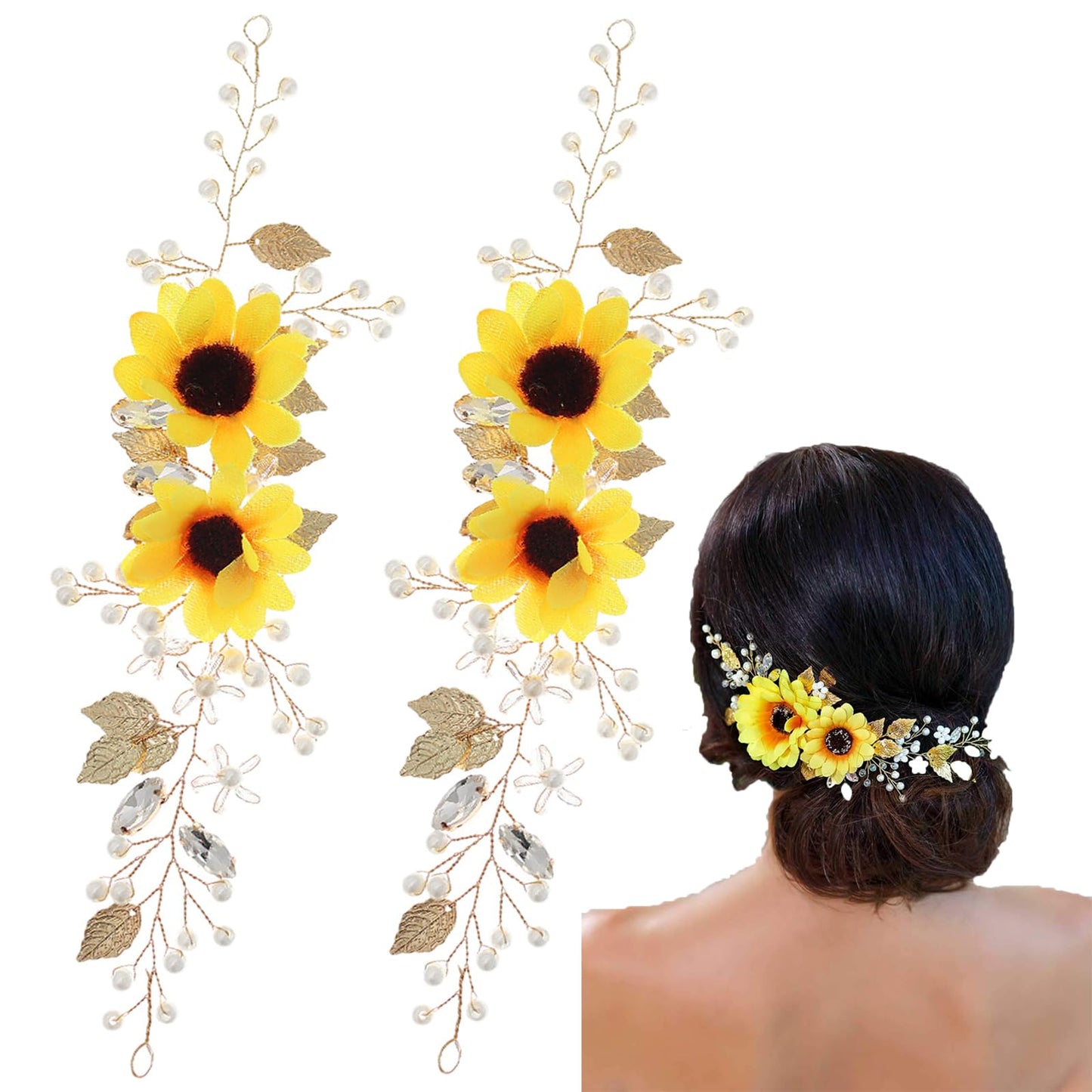 Beavorty Sun Flower Headband, 2pcs Crystal Decor Hair Accessories for Women, Wedding Hair Pieces, Zinc Alloy, Silk Cloth, Zircon