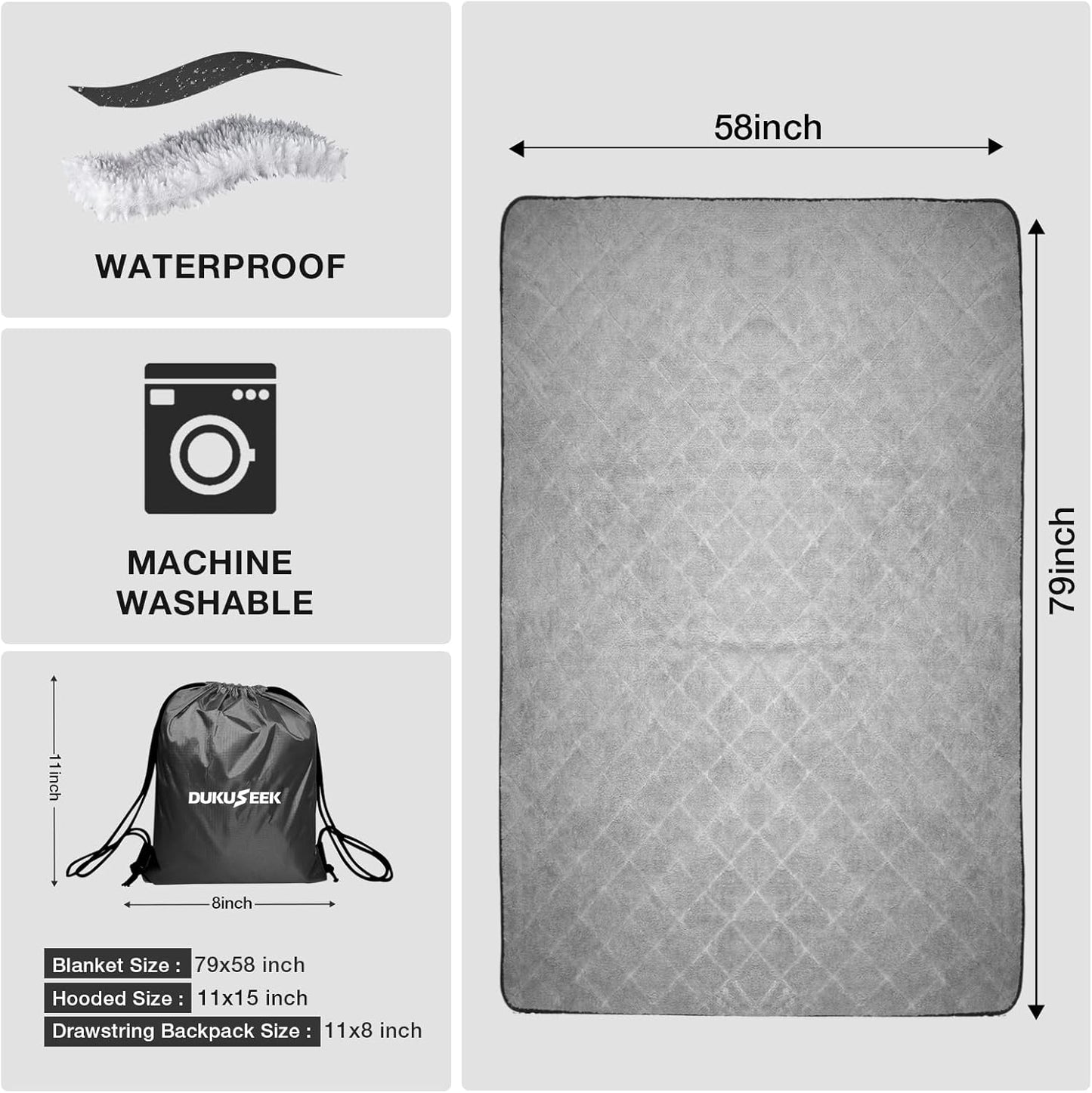 DUKUSEEK Sherpa Waterproof Camping Blanket - Warm, Large Fleece Hooded Blanket for Outdoor Events
