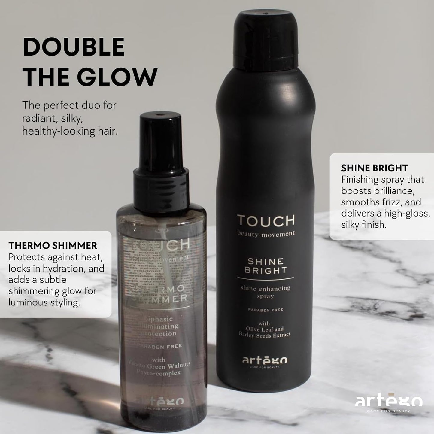 Artègo TOUCH Thermo Shimmer Spray - 5.1 oz Biphasic Heat Protection & Shine for Smooth, Glossy Hair