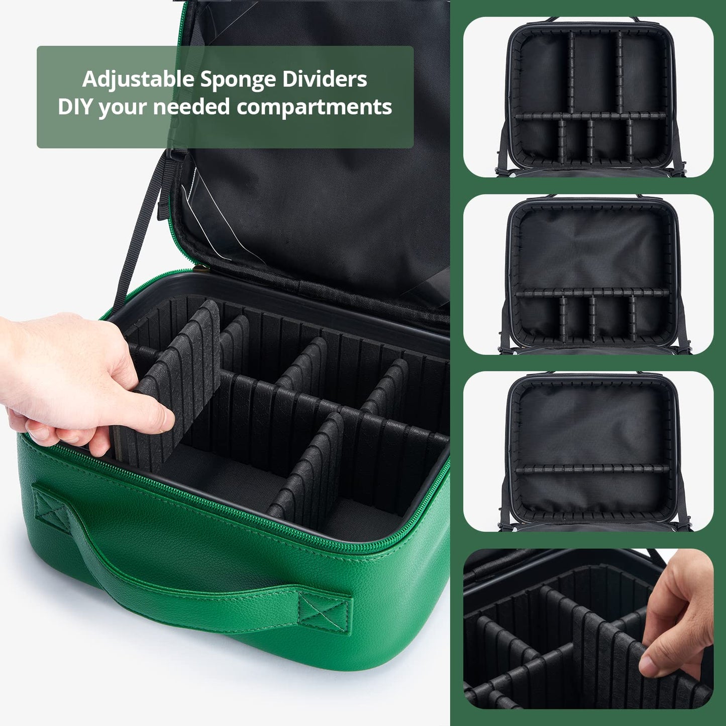 Omobolanle Makeup Bag with Mirror Led Light Detachable Portable Make up Travel Train Case with Adjustable Dividers and 10x Magnifying Mirror Green