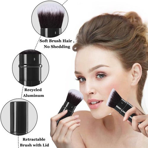 Keriloo Retractable Kabuki Makeup Brush, 2 Pack Travel Angled Powder Foundation Blush Brush Set for Blending Liquid, Bronzer, Buffing, Concealer, Blush, Highlighter, Flawless Cosmetics