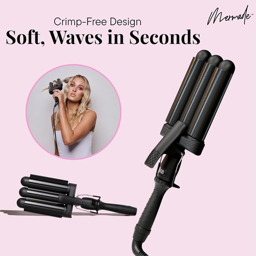 Mermade PRO Hair Waver - 1.25" 3 Barrel Curling Iron for All Hair Types | Ceramic Barrel, Black with Glove