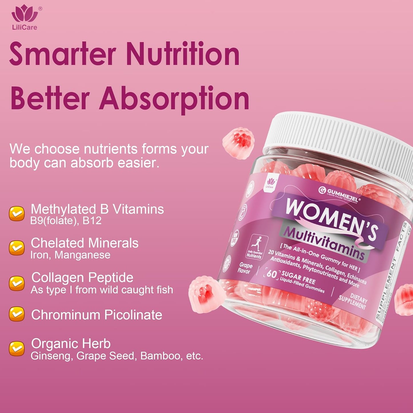 Skiennix Women's Multivitamin Gummies - Methylated Formula with Biotin, Iron & Antioxidants | 60 Count