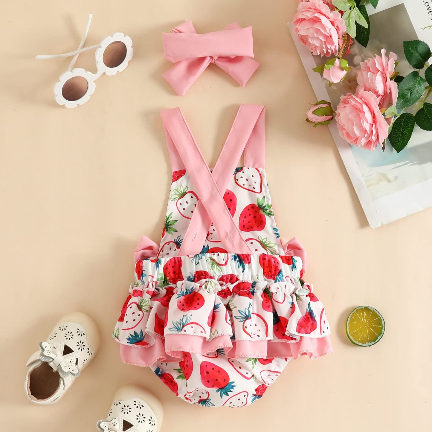 Infant Baby Girl Romper First Birthday Dress Cake Smash Outfits Toddler Strawberry Halloween Cosplay Costume Easter Baptism Christening Romper Wedding Christmas Outfits Pink-Strawberry (2PCS) 0-3M